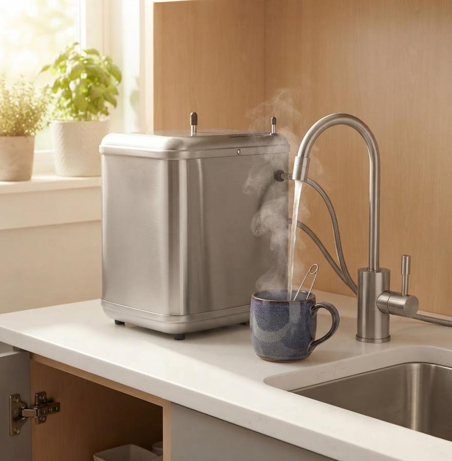 Under-sink cabinet with a filter housing plumbed ahead of a stainless hot water tank